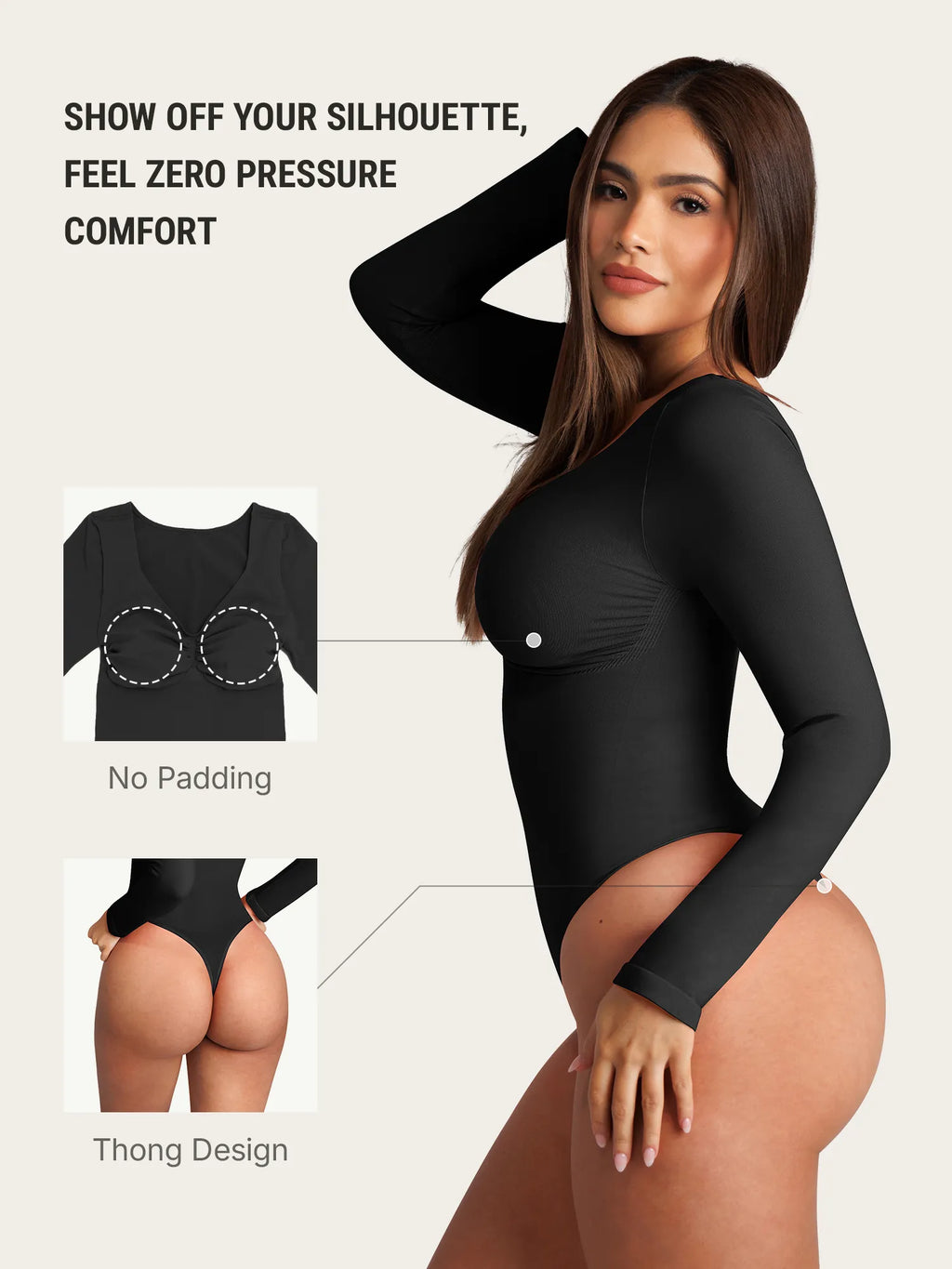 Body tipo tanga de manga larga y sin costuras con control de abdomen