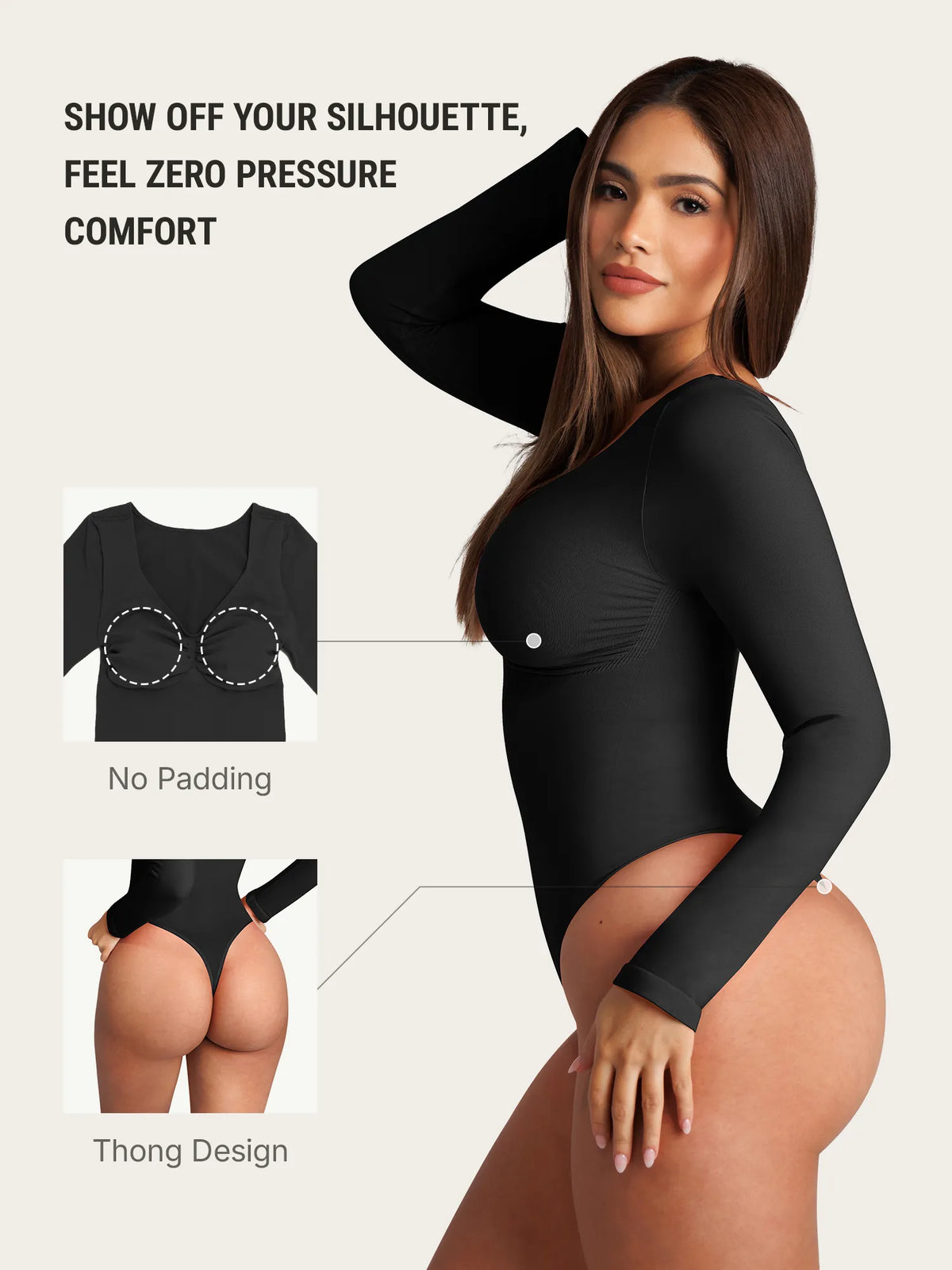 Body tipo tanga de manga larga y sin costuras con control de abdomen