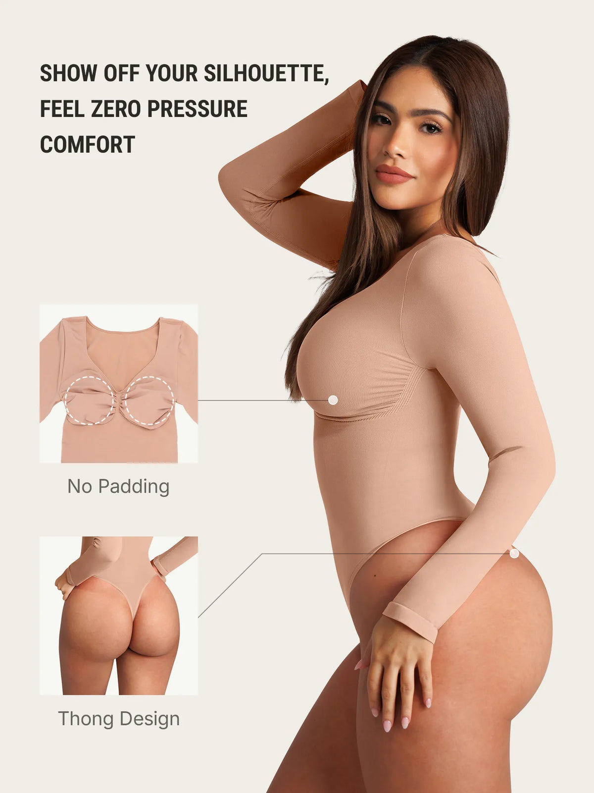 Body tipo tanga de manga larga y sin costuras con control de abdomen