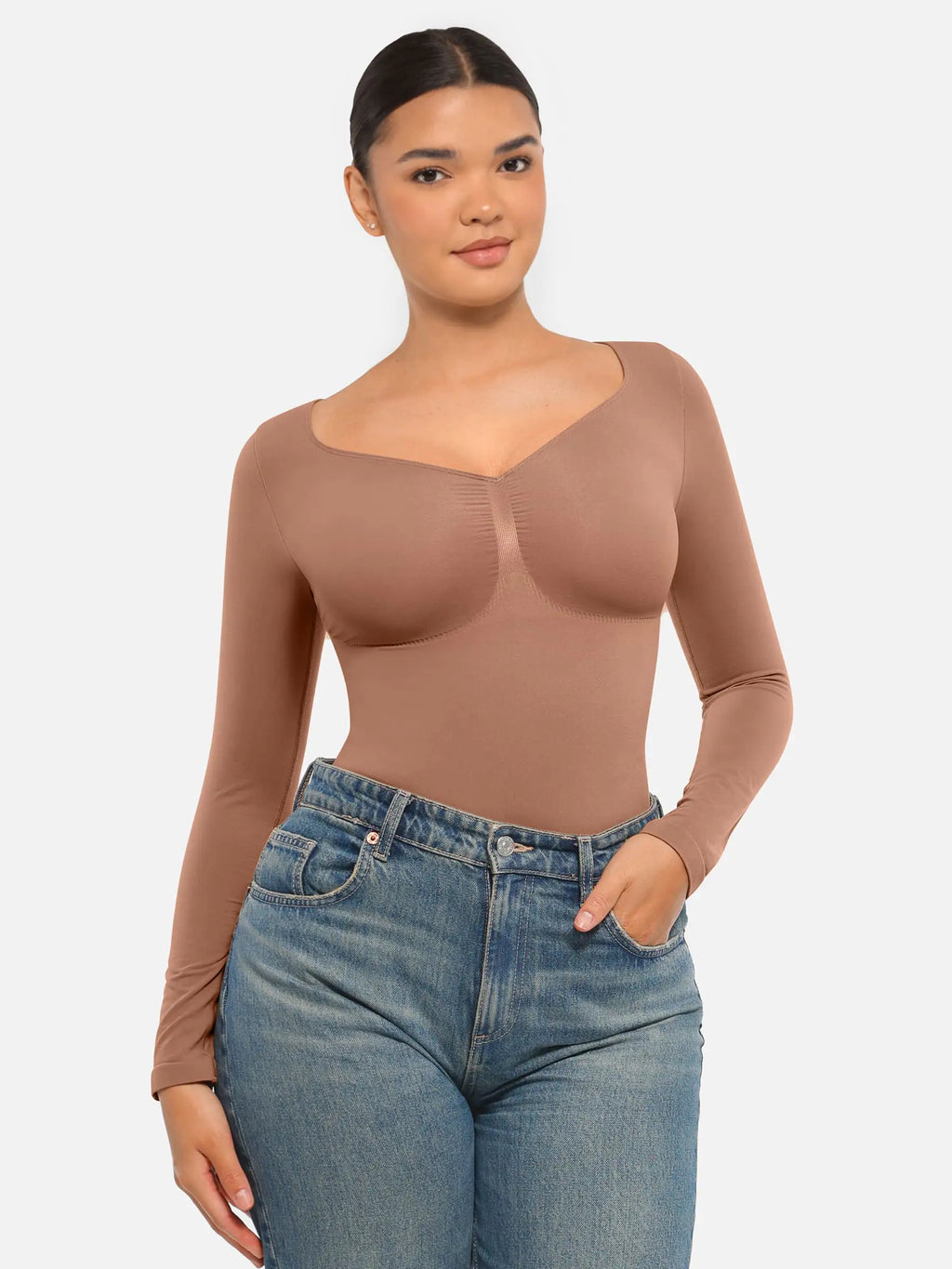 Body tipo tanga de manga larga y sin costuras con control de abdomen