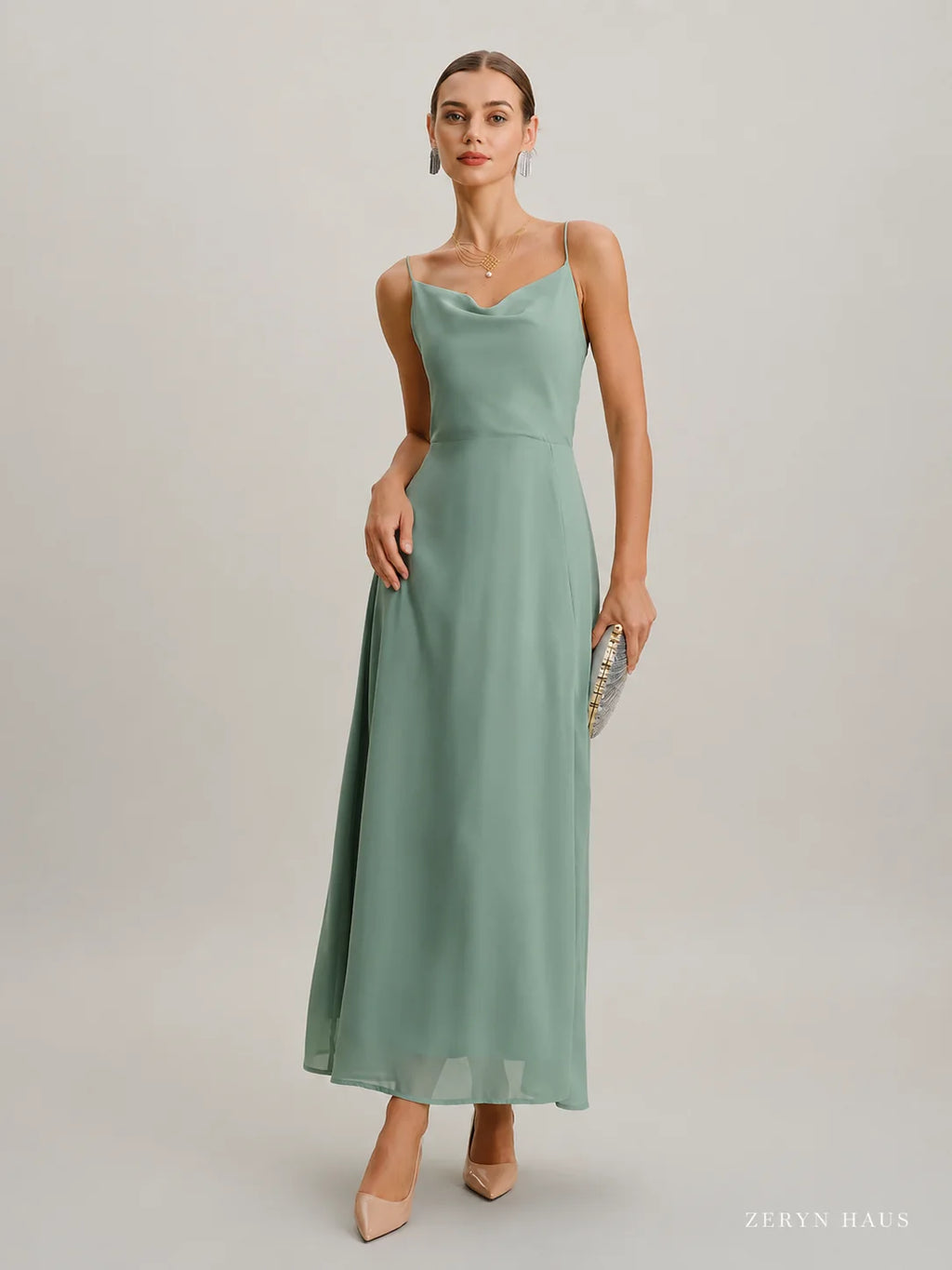 Vestido largo lencero verde de corte A sin espalda