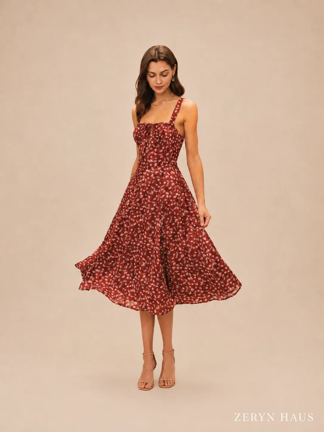 Vestido midi lencero floral color rojo vino
