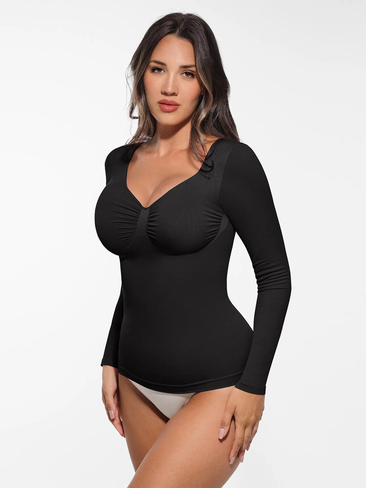 Body tipo tanga de manga larga y sin costuras con control de abdomen