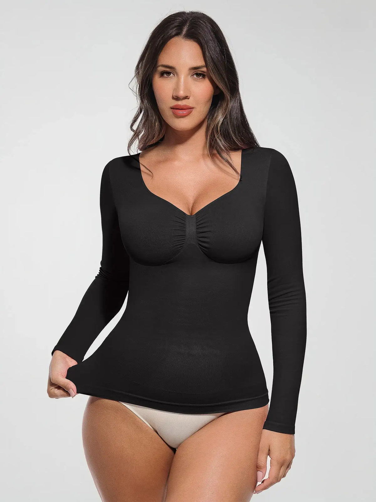 Body tipo tanga de manga larga y sin costuras con control de abdomen