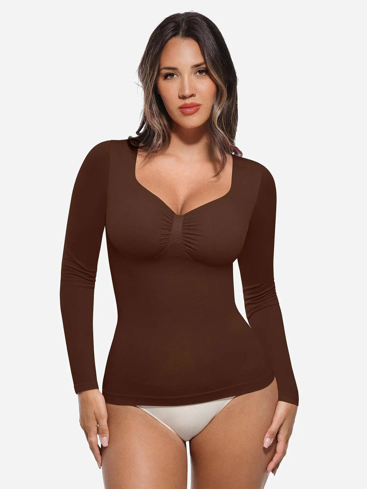 Body tipo tanga de manga larga y sin costuras con control de abdomen