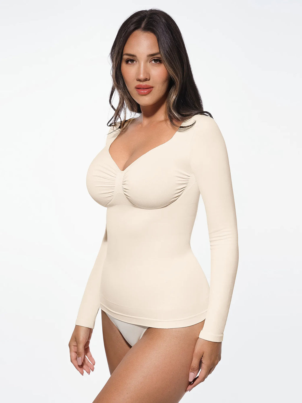 Body tipo tanga de manga larga y sin costuras con control de abdomen