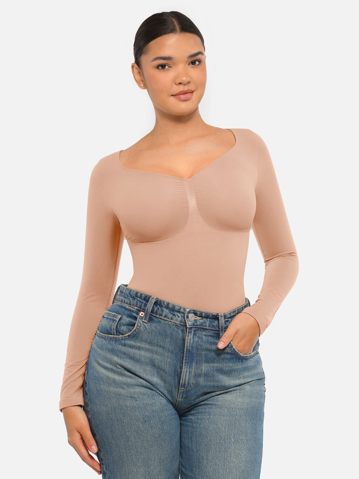 Body tipo tanga de manga larga y sin costuras con control de abdomen