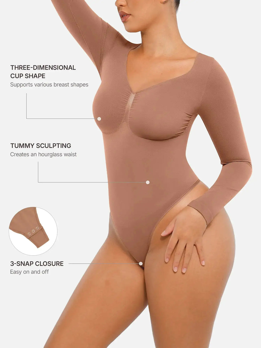 Body tipo tanga de manga larga y sin costuras con control de abdomen
