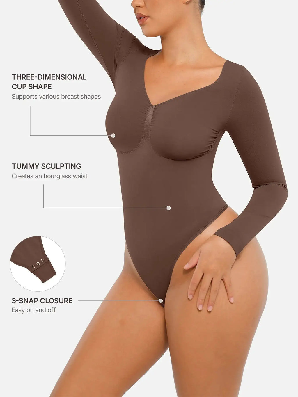 Body tipo tanga de manga larga y sin costuras con control de abdomen