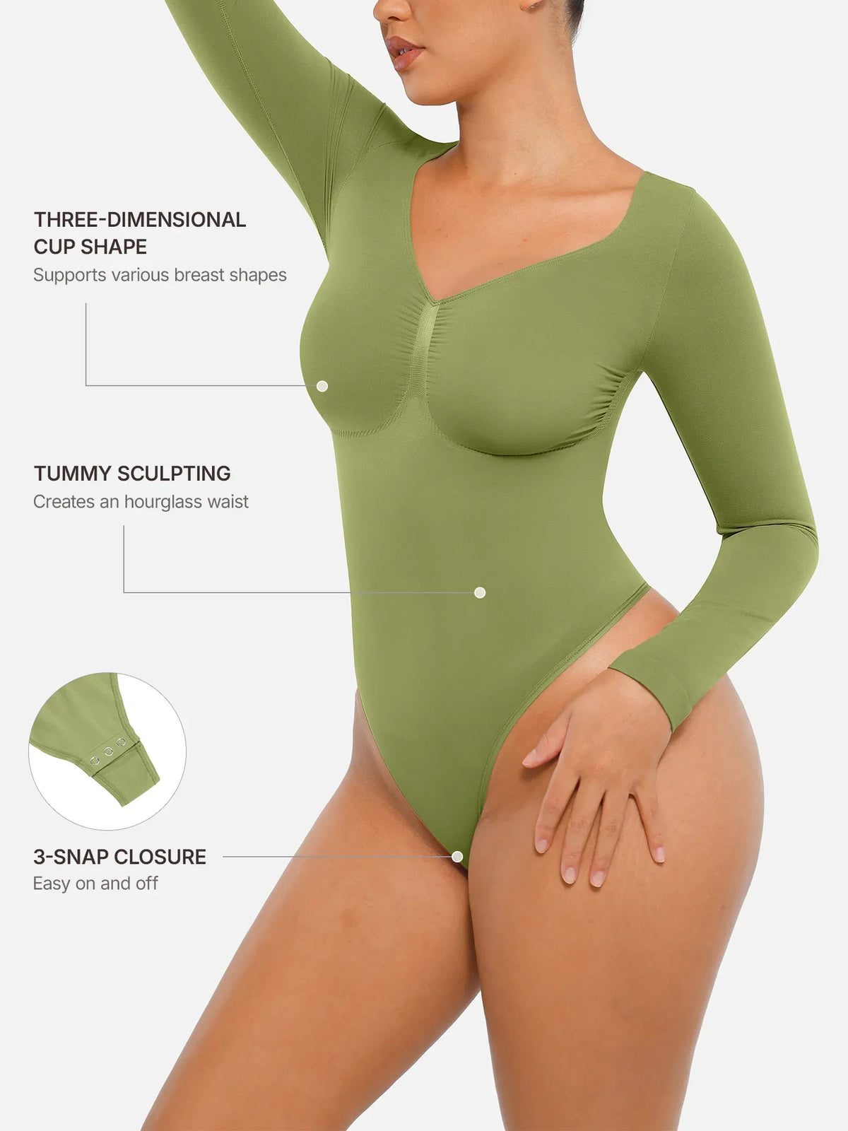 Body tipo tanga de manga larga y sin costuras con control de abdomen