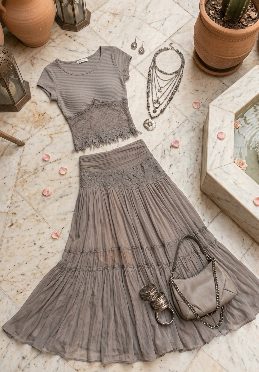Conjunto Top Encaje & Falda Plisada