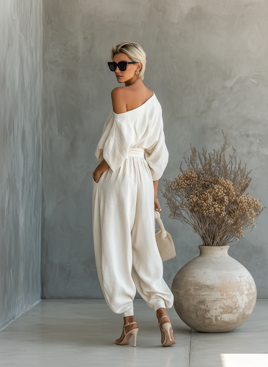 Christine | Conjunto de top suave con hombros descubiertos y pantalón ajustado
