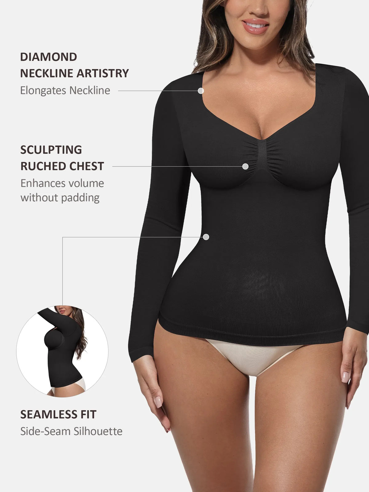 Body tipo tanga de manga larga y sin costuras con control de abdomen
