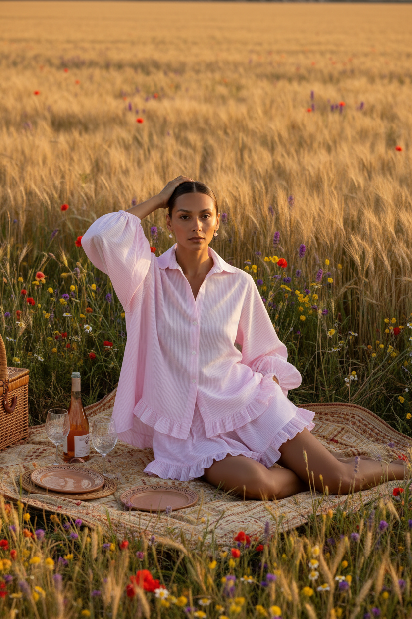 Modelo en picnic campo español - paleta dorada