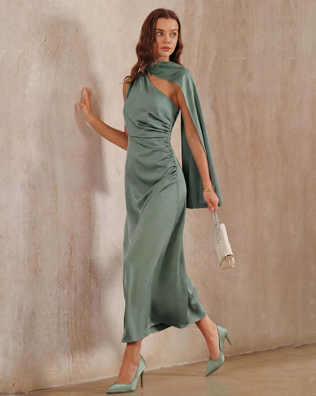 Vestido largo de satén verde con un solo hombro - Zeryn Haus
