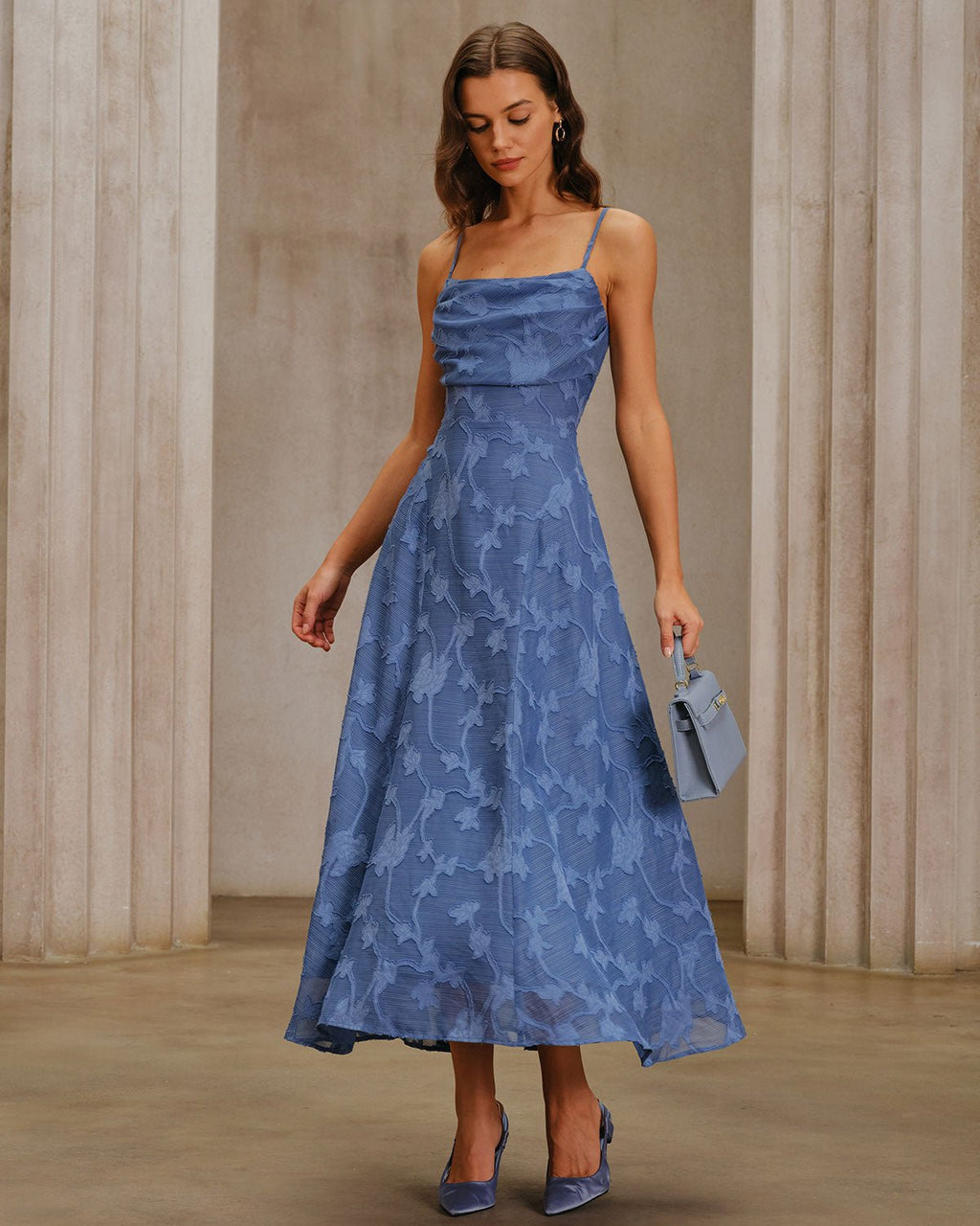 Vestido largo lencero fruncido de jacquard azul - Zeryn Haus
