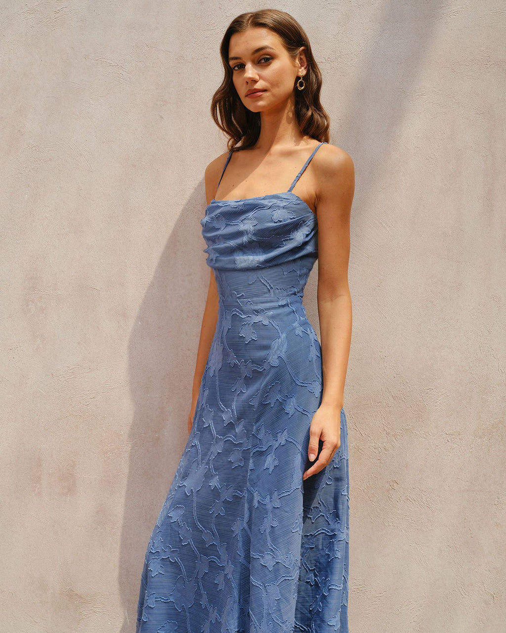 Vestido largo lencero fruncido de jacquard azul - Zeryn Haus