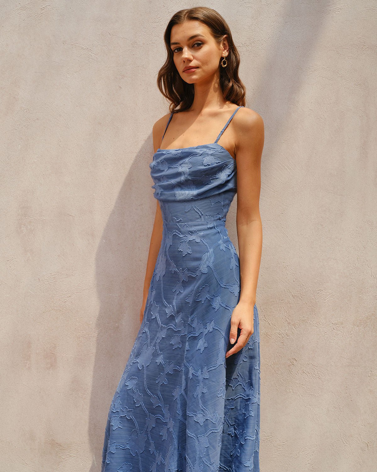 Vestido largo lencero fruncido de jacquard azul - Zeryn Haus