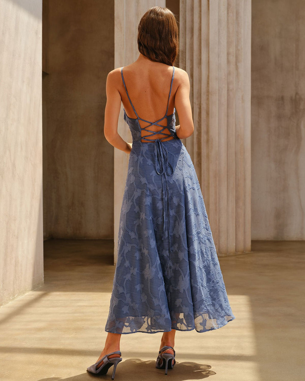 Vestido largo lencero fruncido de jacquard azul - Zeryn Haus