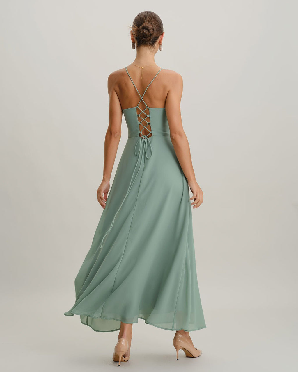 Vestido largo lencero verde de corte A sin espalda - Zeryn Haus