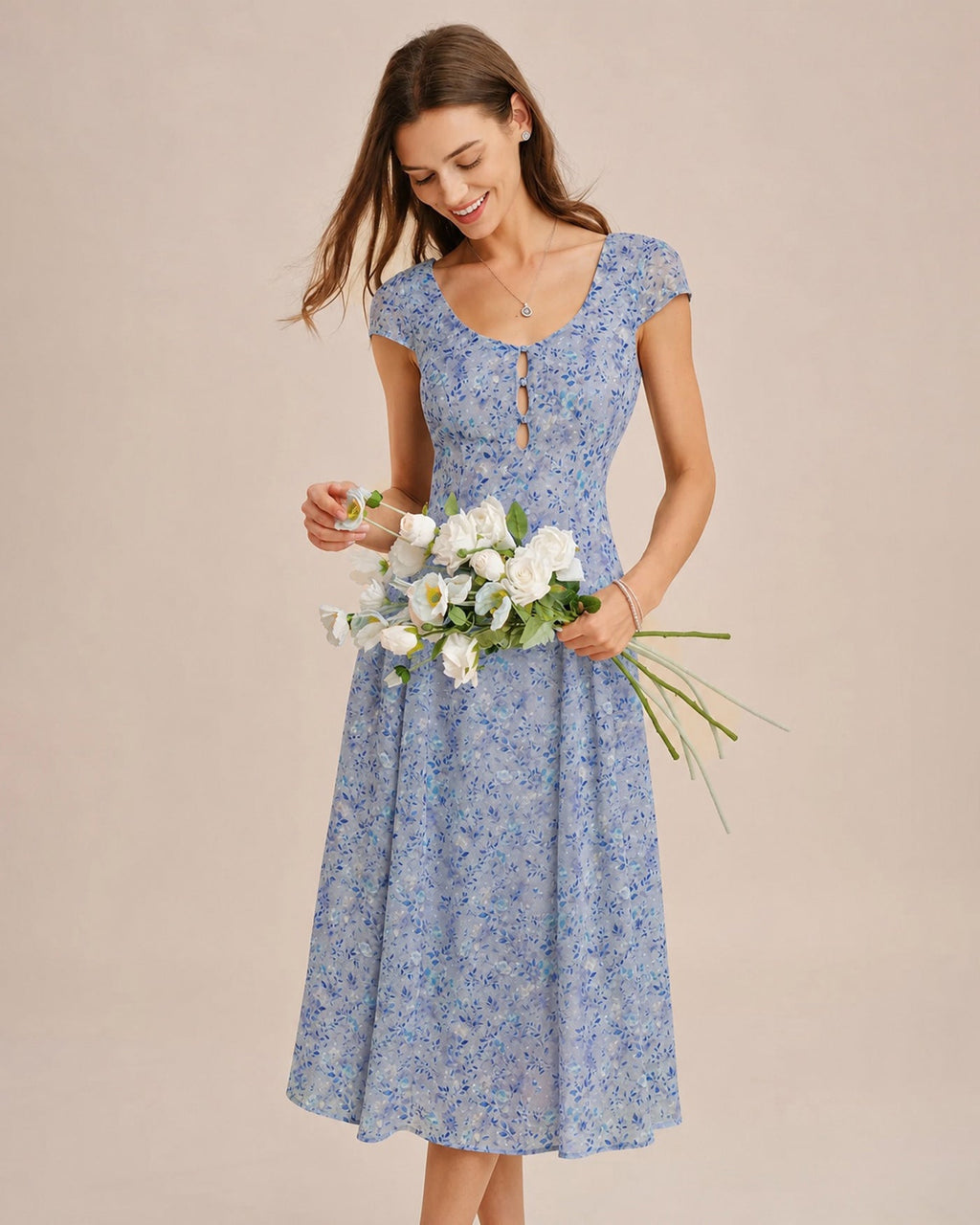 Vestido midi azul , botones y estampado floral - Zeryn Haus