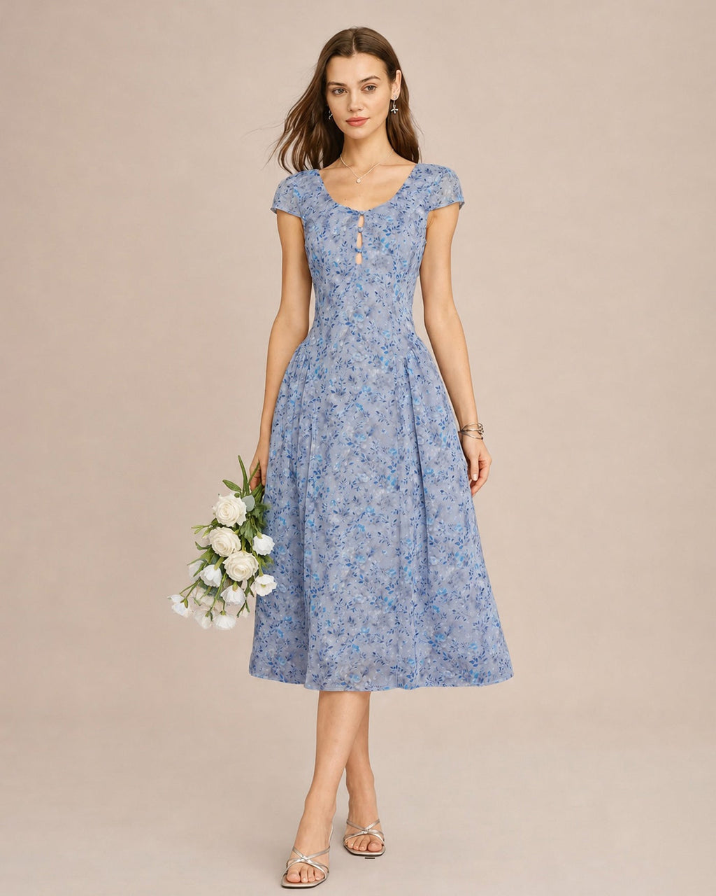 Vestido midi azul , botones y estampado floral - Zeryn Haus