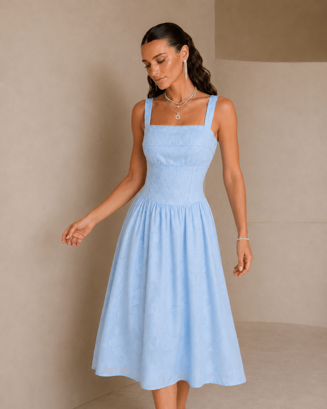 Vestido midi de jacquard de encaje con cuello cuadrado azul - Zeryn Haus