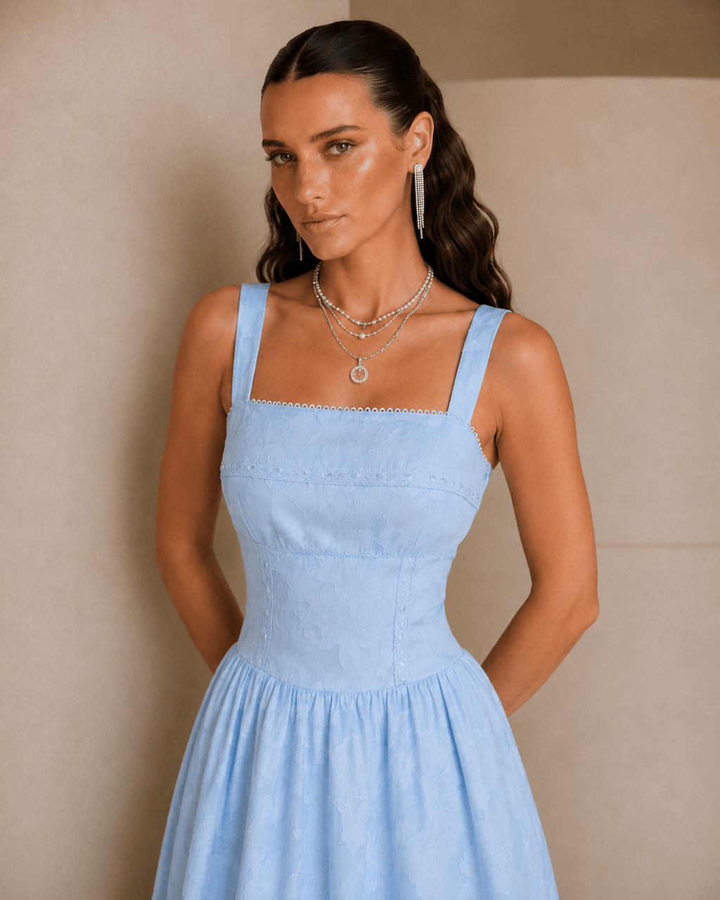 Vestido midi de jacquard de encaje con cuello cuadrado azul - Zeryn Haus
