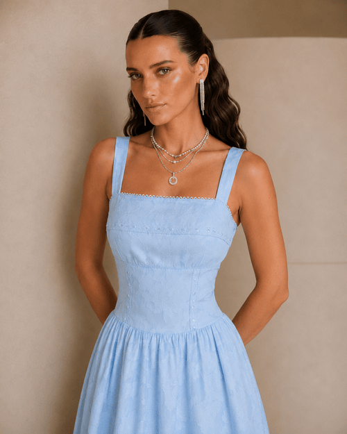 Vestido midi de jacquard de encaje con cuello cuadrado azul - Zeryn Haus