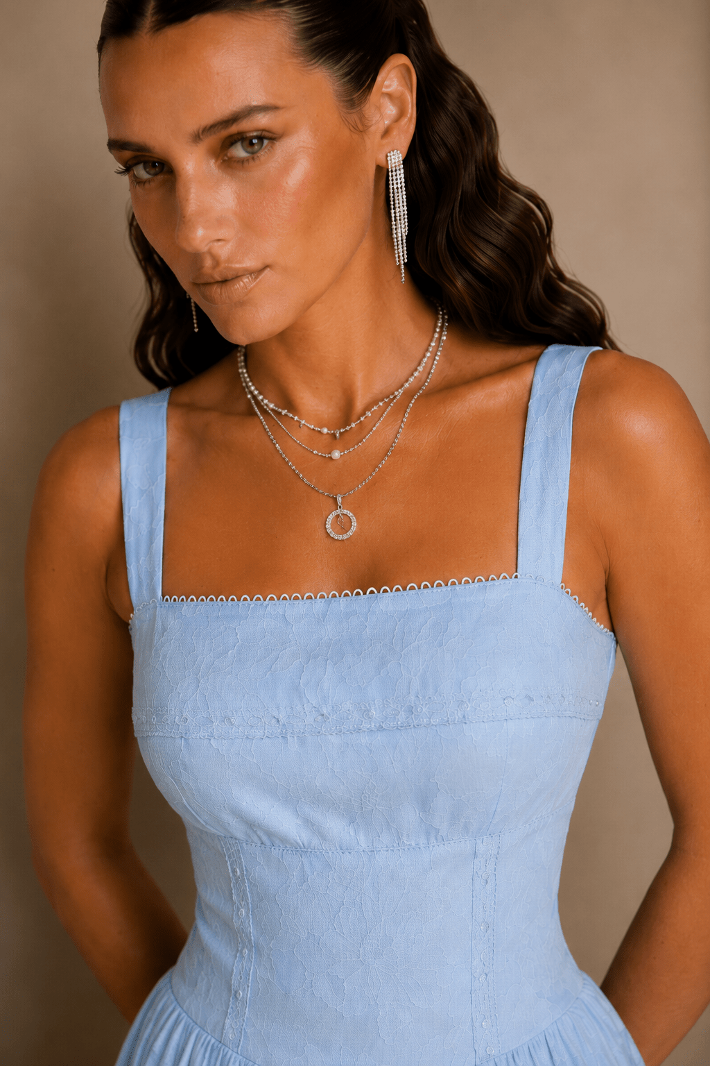 Vestido midi de jacquard de encaje con cuello cuadrado azul - Zeryn Haus