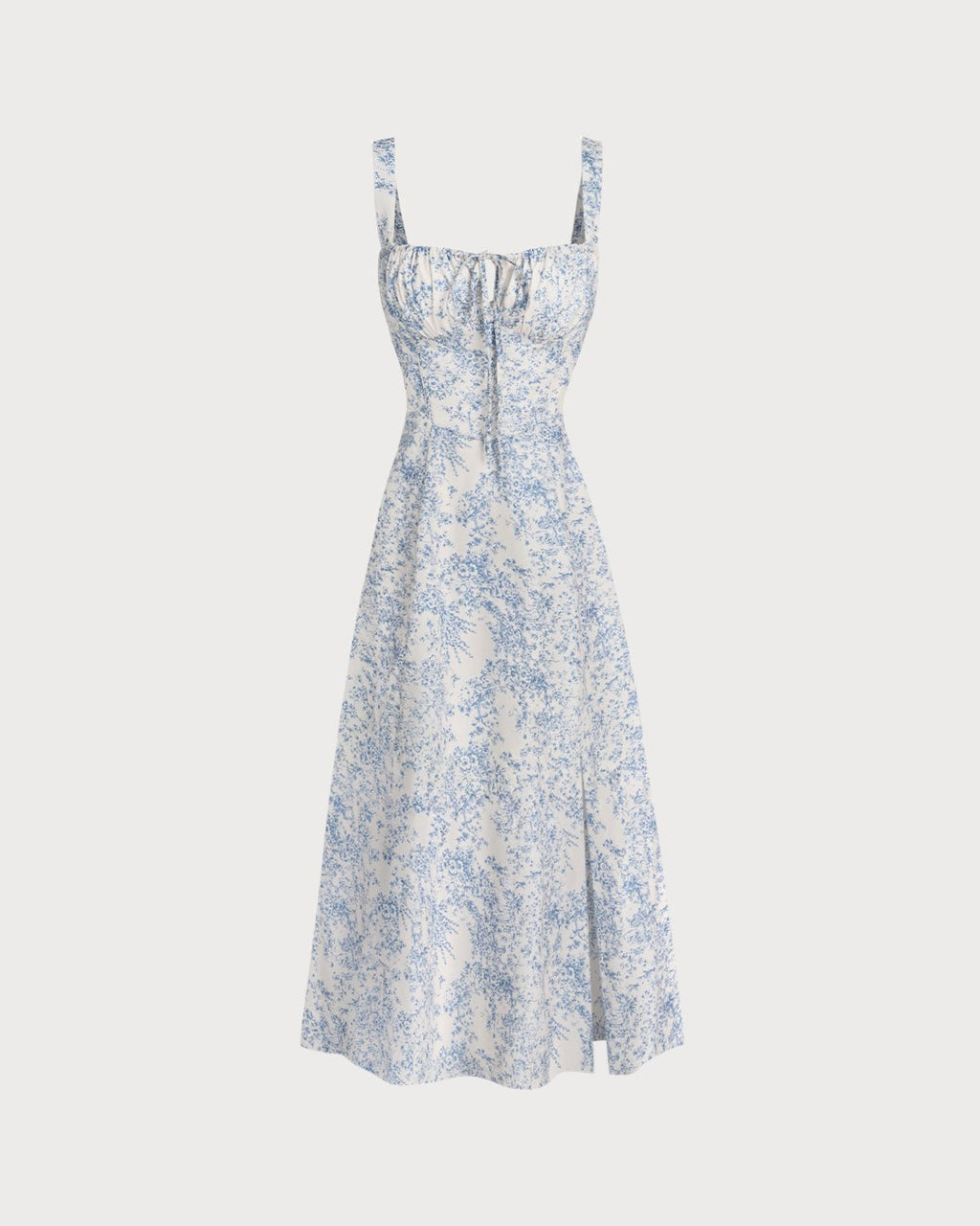 Vestido midi lencero fruncido con estampado floral azul - Zeryn Haus
