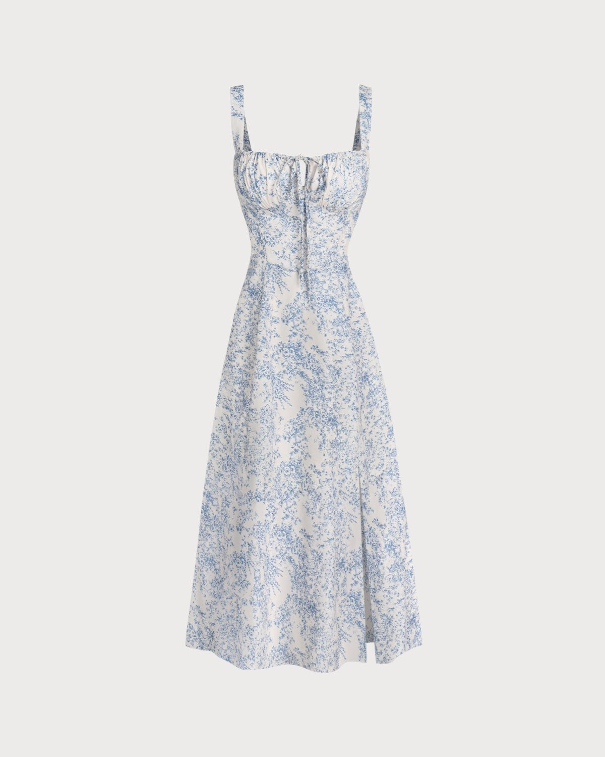 Vestido midi lencero fruncido con estampado floral azul - Zeryn Haus