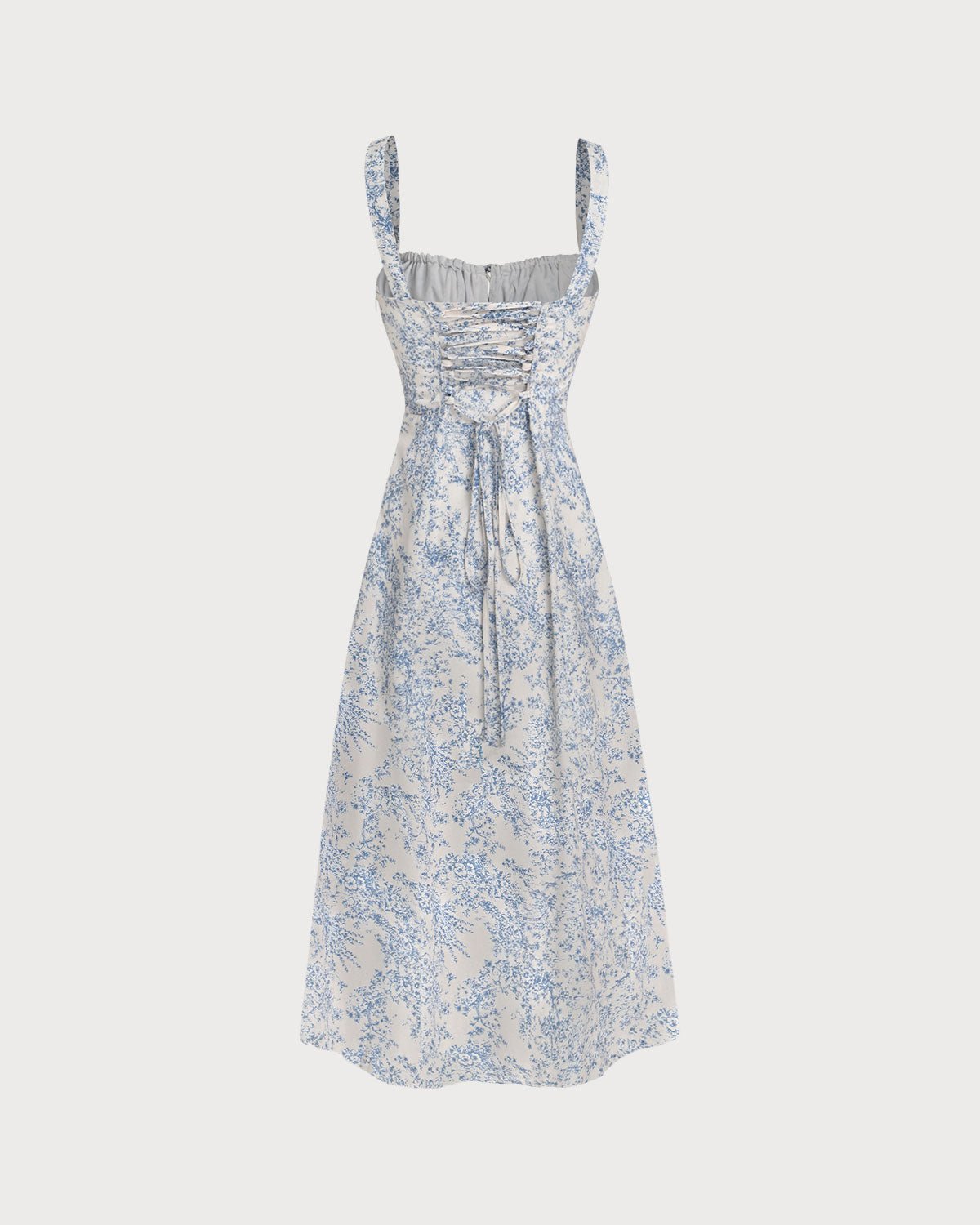 Vestido midi lencero fruncido con estampado floral azul - Zeryn Haus