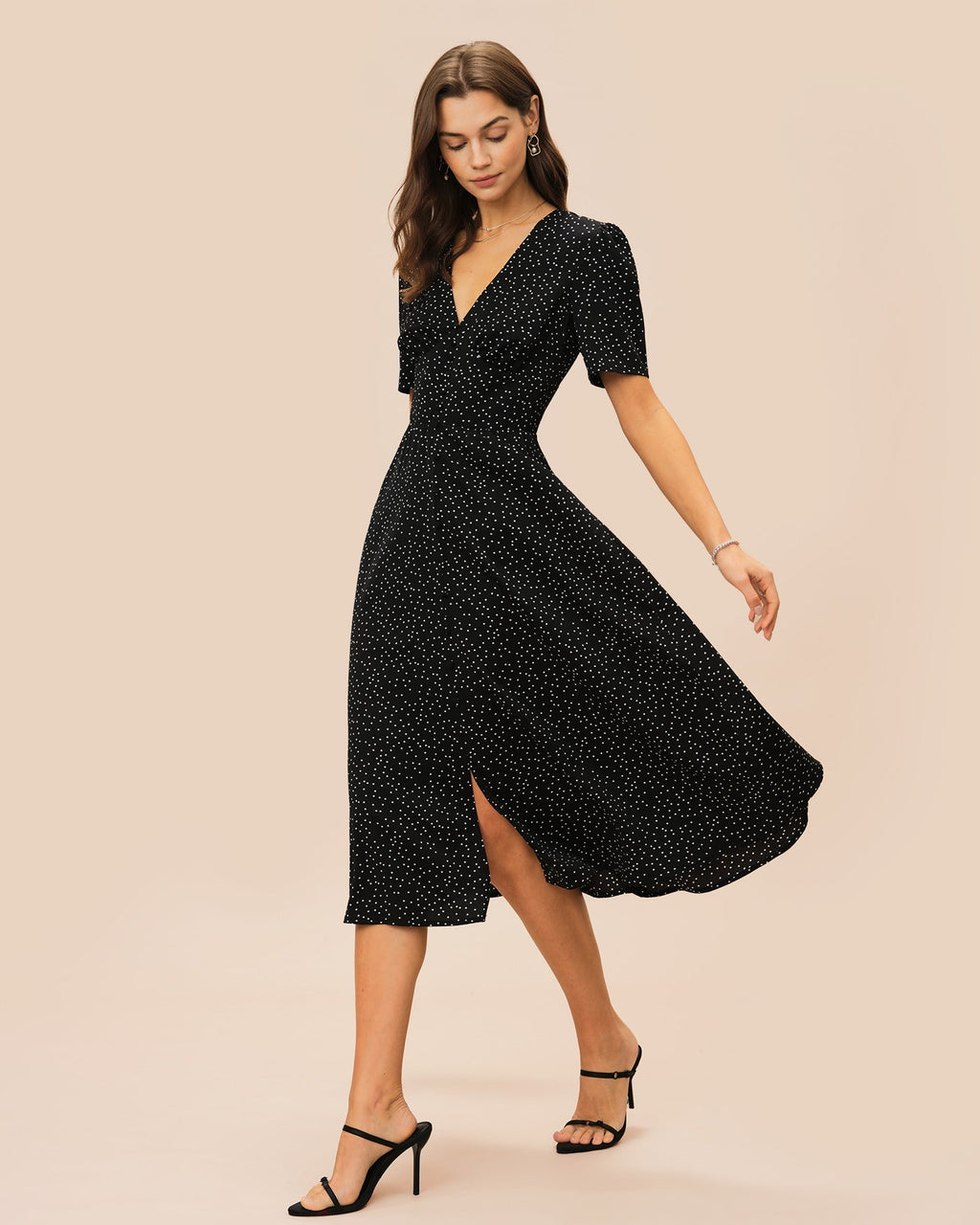 Vestido midi negro con escote en V y lunares - Zeryn Haus