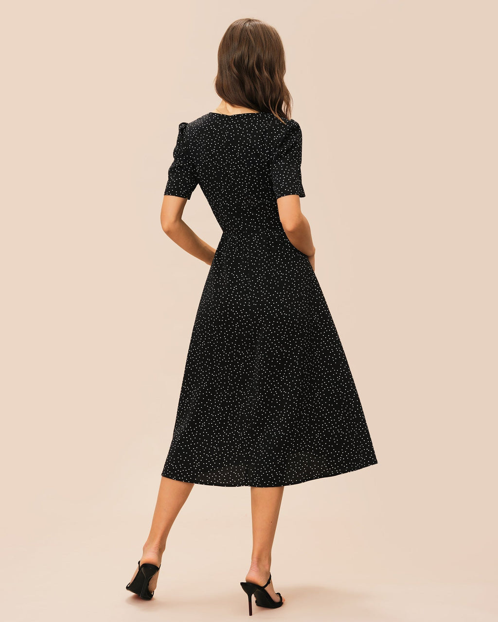 Vestido midi negro con escote en V y lunares - Zeryn Haus
