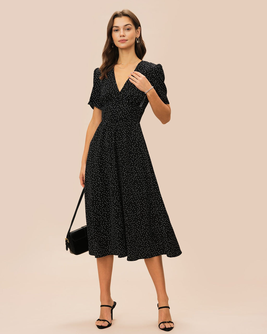 Vestido midi negro con escote en V y lunares - Zeryn Haus