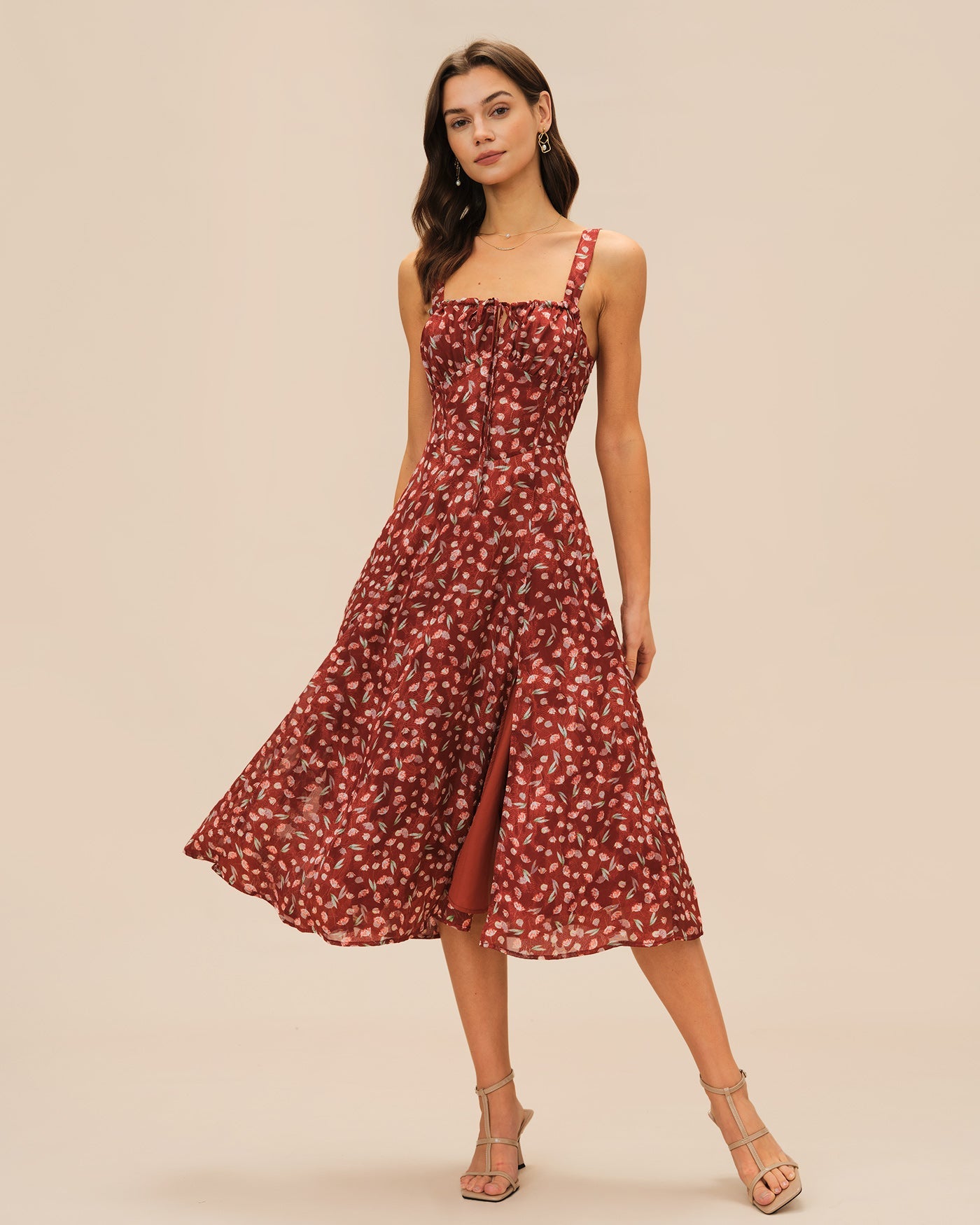 Vestido midi lencero floral color rojo vino