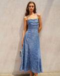 Vestido largo lencero fruncido de jacquard azul