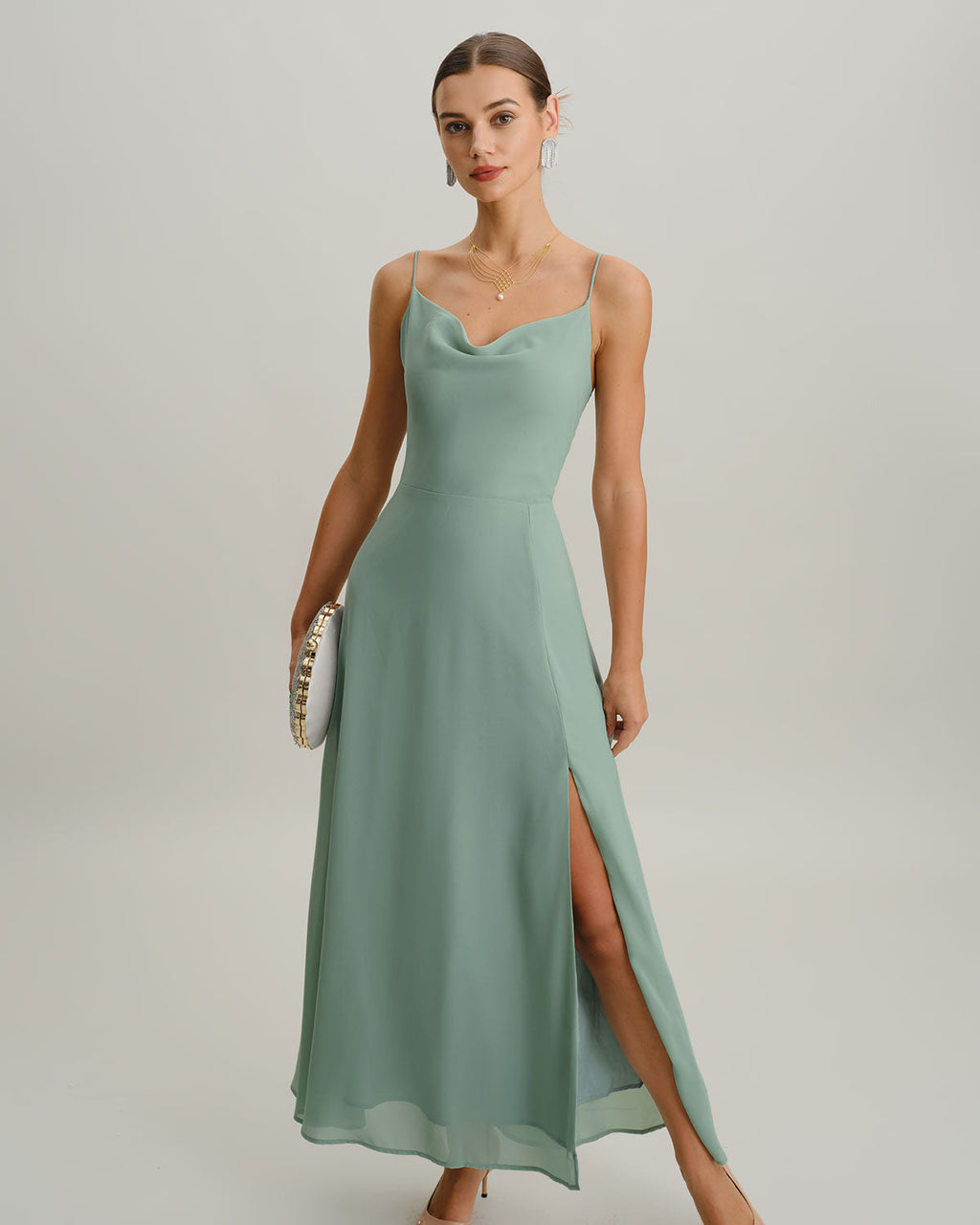 Vestido largo lencero verde de corte A sin espalda