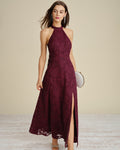 Vestido largo jacquard de cuello alto color rojo vino