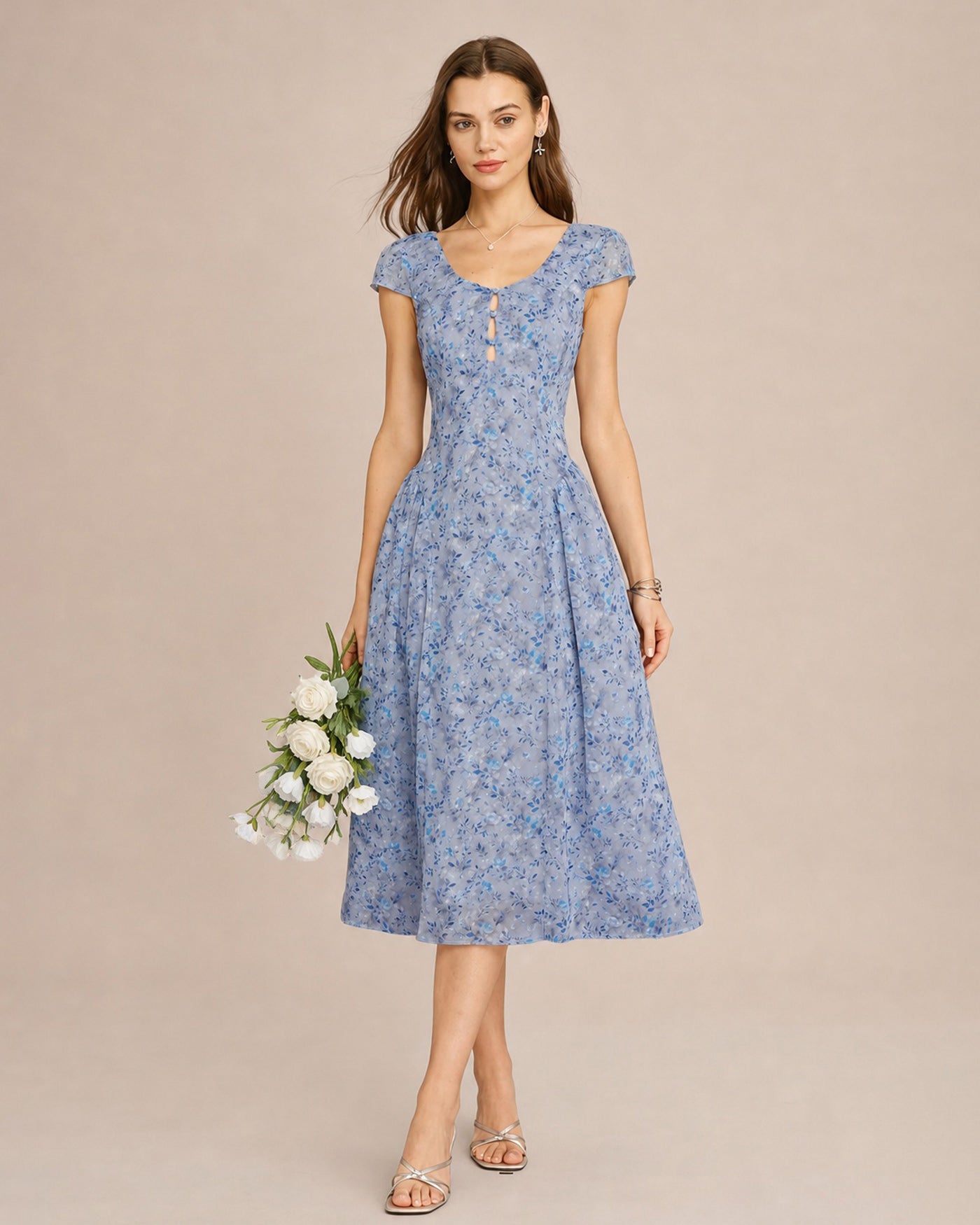 Vestido midi azul , botones y estampado floral