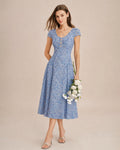 Vestido midi azul , botones y estampado floral