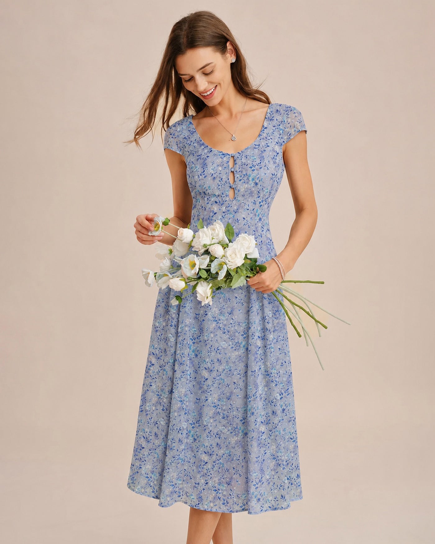 Vestido midi azul , botones y estampado floral