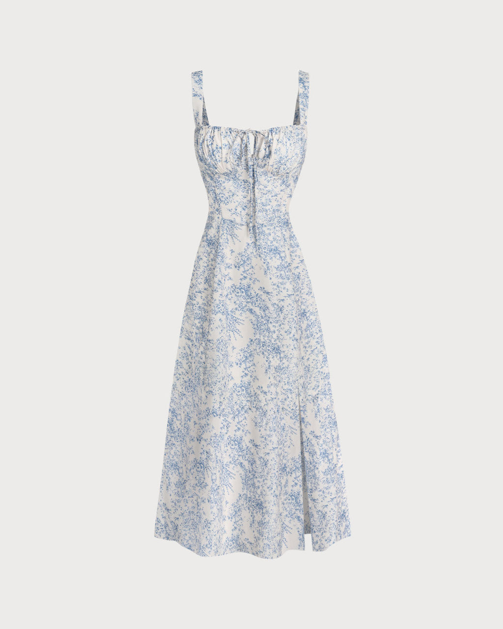 Vestido midi lencero fruncido con estampado floral azul
