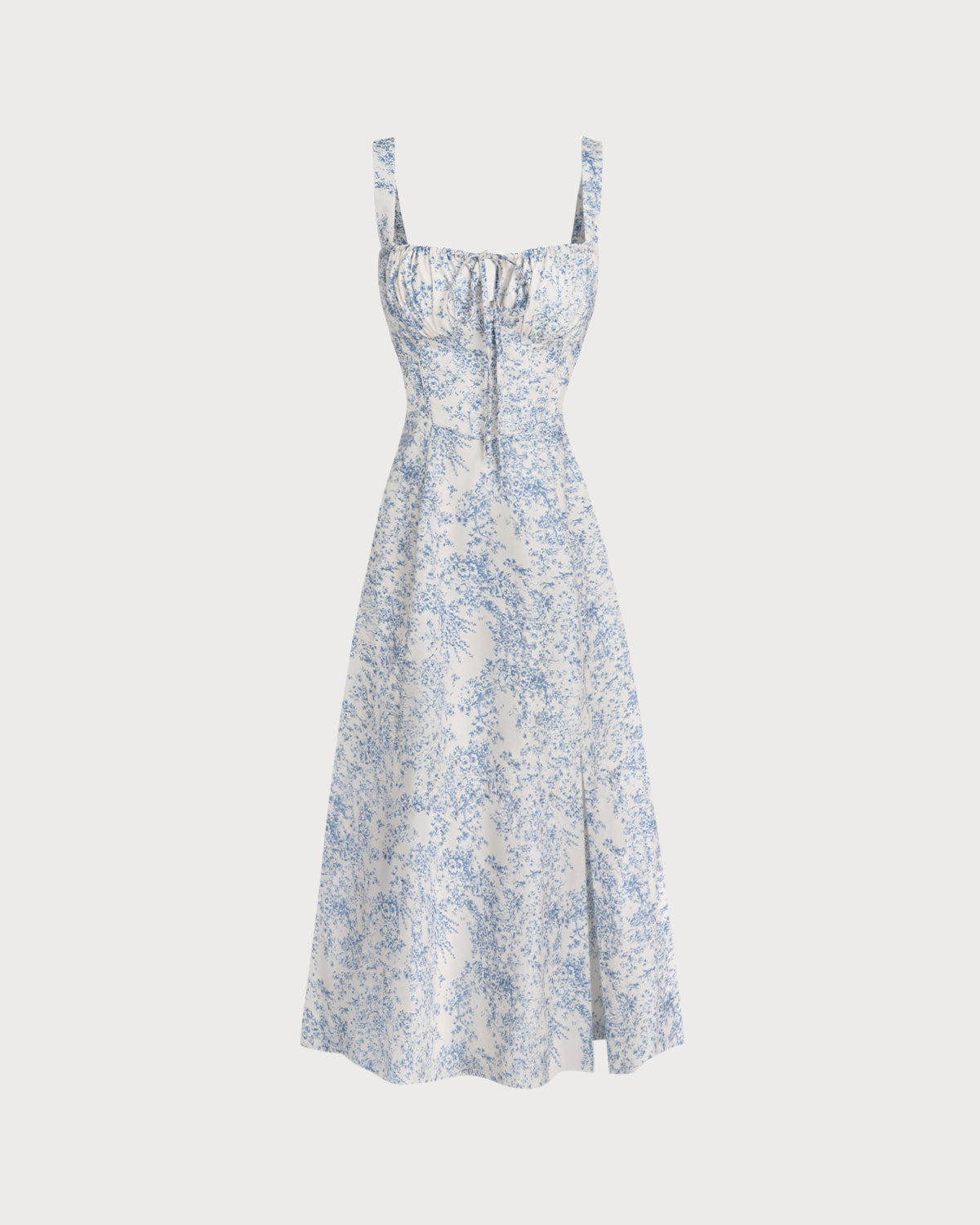 Vestido midi lencero fruncido con estampado floral azul