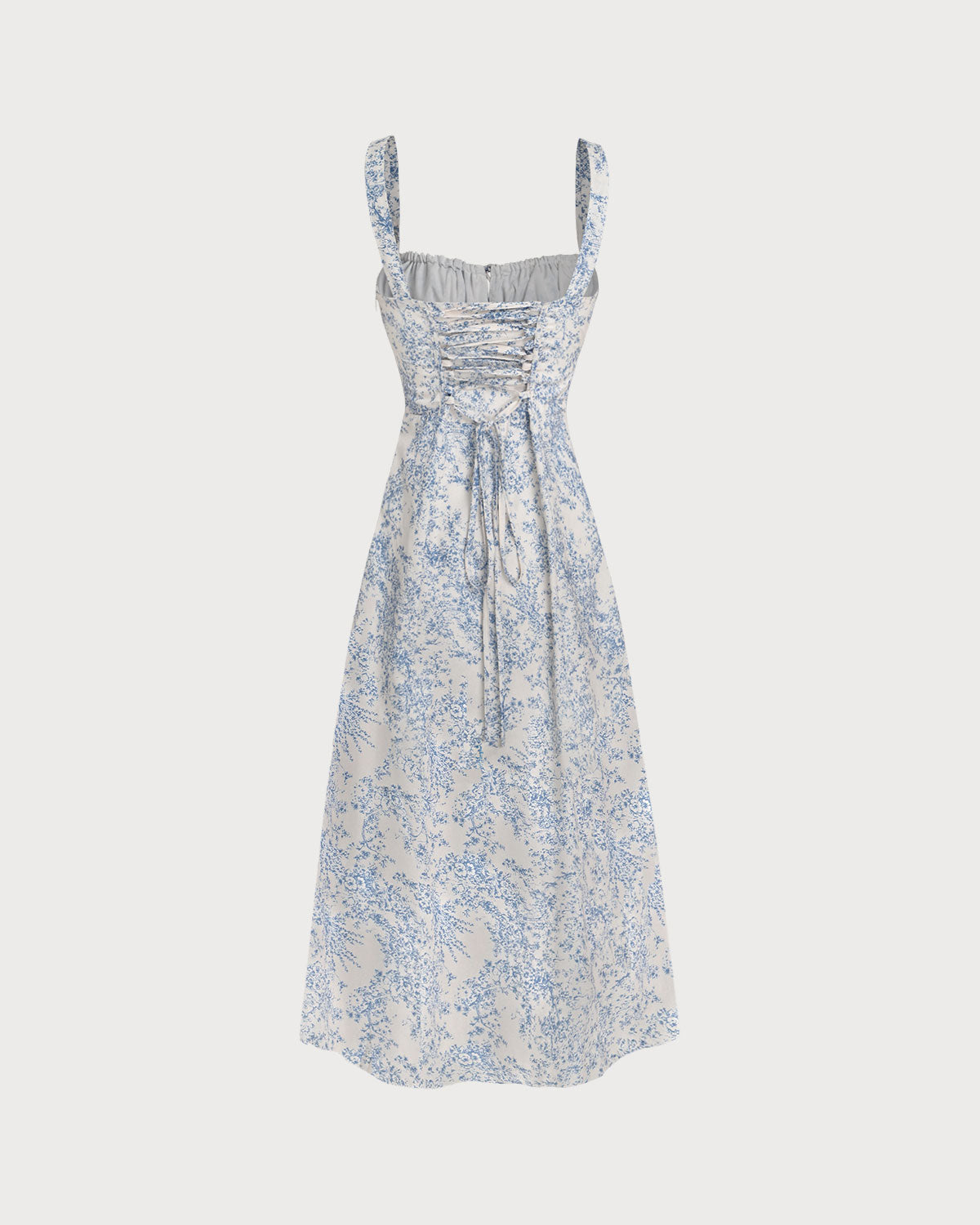 Vestido midi lencero fruncido con estampado floral azul