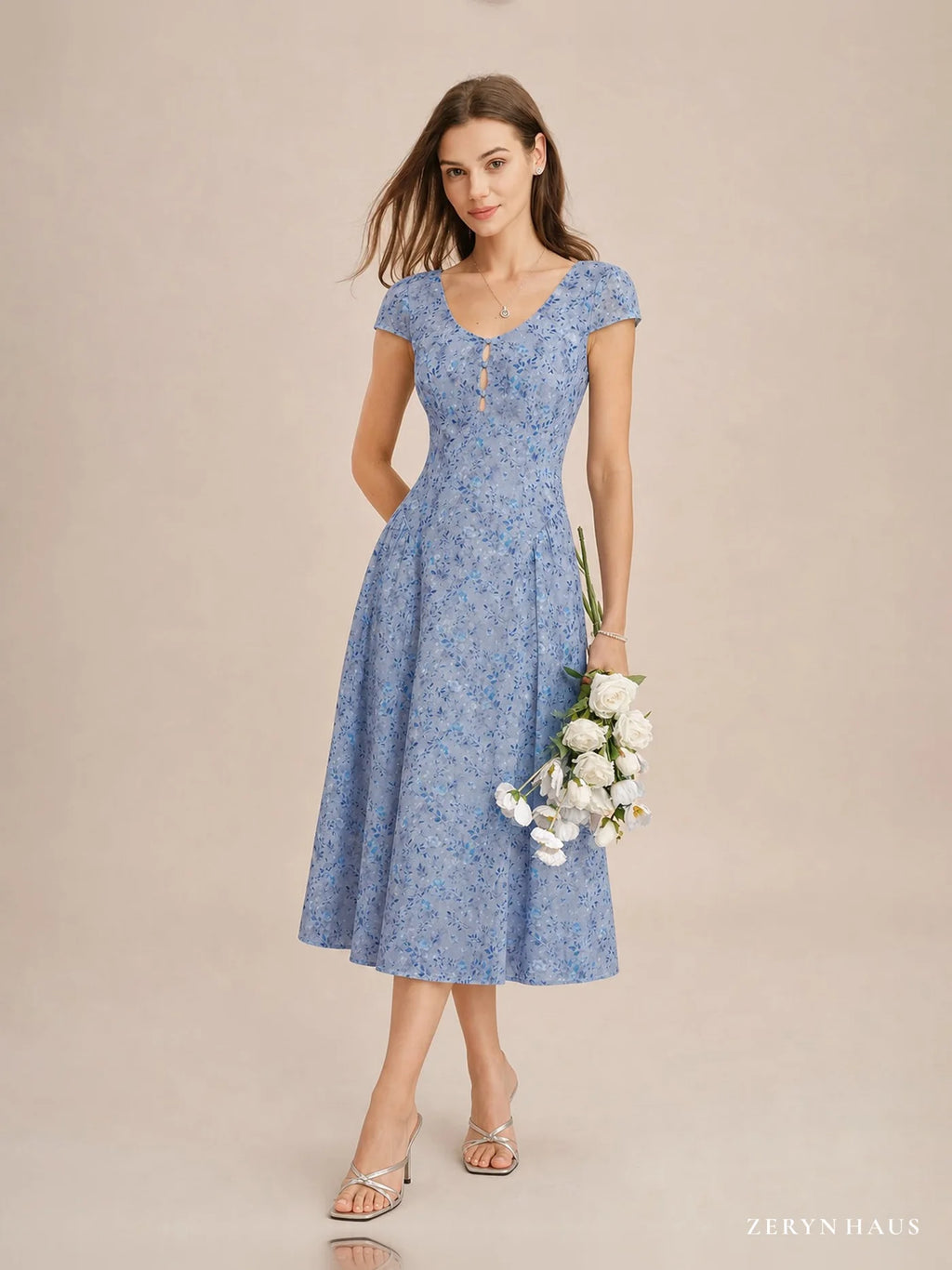 Vestido midi azul , botones y estampado floral